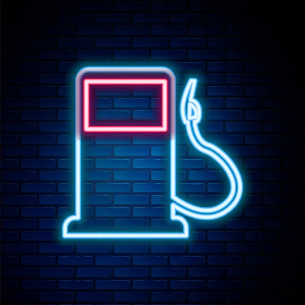 Glowing neon line Petrol or Gas station icon isolated on brick wall background. Car fuel symbol. Gasoline pump. Colorful outline concept. Vector — Stock Vector