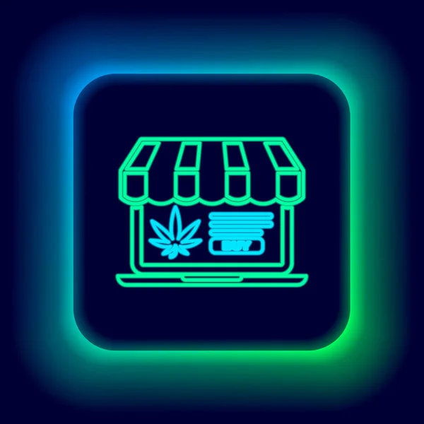Parlak neon hattı dizüstü bilgisayar ve tıbbi marihuana veya kenevir yaprağı ikonu siyah arka planda izole edilmiş. İnternetten satın alma sembolü. Süpermarket sepeti. Renkli taslak konsepti. Vektör — Stok Vektör