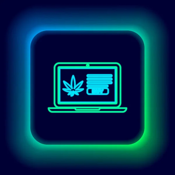 Leuchtende Leuchtschrift Laptop und medizinisches Marihuana oder Cannabisblatt Symbol isoliert auf schwarzem Hintergrund. Online-Kauf-Symbol. Supermarktkorb. Buntes Rahmenkonzept. Vektor — Stockvektor