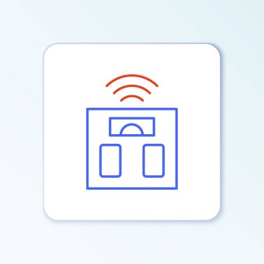 Line Smart banyo ölçekleri simgesi beyaz arka planda izole edildi. Ağırlık ölçüm aletleri. İnternet kavramının kablosuz bağlantısı. Renkli taslak konsepti. Vektör