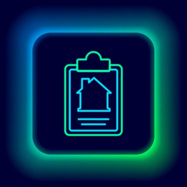 Parlayan neon çizgisi ev sözleşmesi ikonu siyah arka planda izole edildi. Sözleşme oluşturma hizmeti, belge oluşumu, başvuru formu bileşimi. Renkli taslak konsepti. Vektör