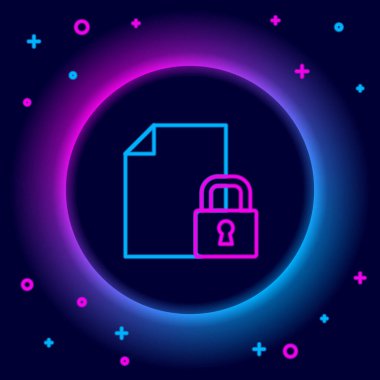 Parlayan neon hattı Belgesi ve kilit simgesi siyah arkaplanda izole edildi. Dosya biçimi ve asma kilit. Güvenlik, güvenlik, koruma kavramı. Renkli taslak konsepti. Vektör