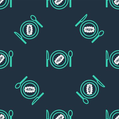 Tabak simgesinde servis edilen salatalık, siyah arkaplanda izole edilmiş kusursuz desen. Deniz yemeği. Vektör