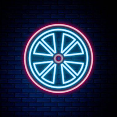 Duvarın arka planında izole edilmiş bir araba ikonu için parlayan neon hat alloy tekerleği. Renkli taslak konsepti. Vektör