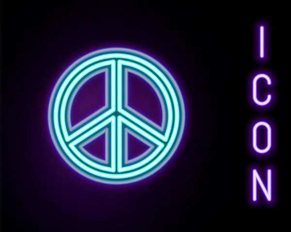 Brillante línea de neón Icono de paz aislado sobre fondo negro. Símbolo hippie de paz. Concepto de esquema colorido. Vector — Archivo Imágenes Vectoriales