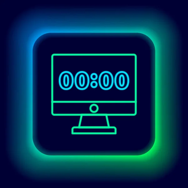 Glödande neon line Klocka på datorn skärm ikon isolerad på svart bakgrund. Schemalägg. Färgstarkt skisskoncept. Vektor — Stock vektor