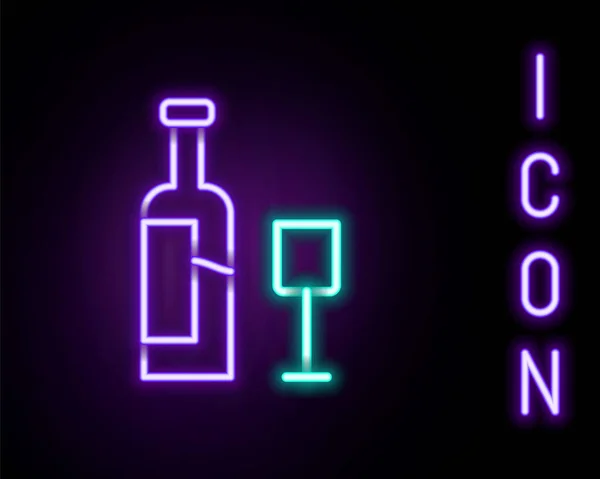 Gloeiende neon lijn Wijnfles met glazen pictogram geïsoleerd op zwarte achtergrond. Kleurrijk concept. Vector — Stockvector