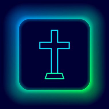Parlayan neon hattı Hıristiyan çapraz simgesi siyah arka planda izole edildi. Kilise haçı. Renkli taslak konsepti. Vektör