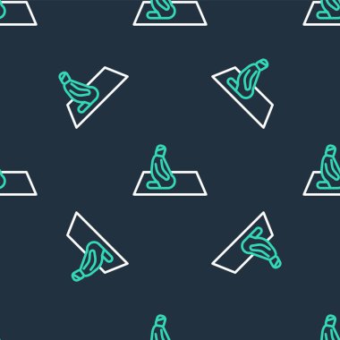 Halı üzerinde dua eden müslüman adam siyah arka planda izole edilmiş kusursuz desen çiziyor. Vektör