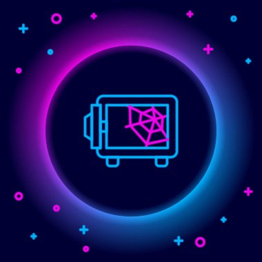 Parlayan neon hattı siyah arkaplanda güvenli simge. Kapı, şifreli bir banka kasası. Güvenilir Veri Koruma. Renkli taslak konsepti. Vektör