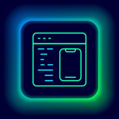 Parlayan neon hattı Yazılım, web geliştirici programlama kodu simgesi siyah arkaplanda izole edildi. Program kodunun rastgele bilgisayar betiği parçalarını Javascript et. Renkli taslak konsepti. Vektör