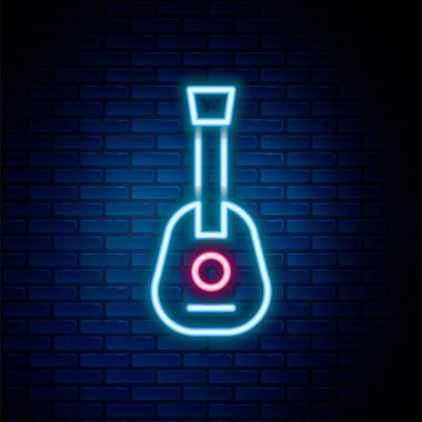 Parlayan neon hattı Gitar simgesi tuğla duvar arkasında izole edildi. Akustik gitar. Telli müzik aleti. Renkli taslak konsepti. Vektör