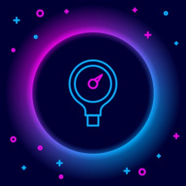 Parlayan neon hattı ölçeği simgesi siyah arkaplanda izole edildi. Memnuniyet, sıcaklık, manometre, risk, değerlendirme, performans, hız taktik ölçer. Renkli taslak konsepti. Vektör