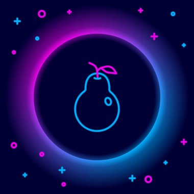 Parlayan neon hattı Pear simgesi siyah arkaplanda izole edildi. Yaprak sembollü meyve. Renkli taslak konsepti. Vektör