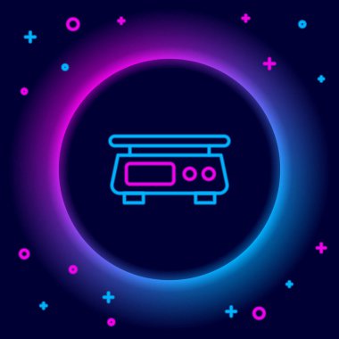 Parlayan neon hattı Elektronik ölçek simgesi siyah arkaplanda izole edildi. Ağırlık ölçüm aletleri. Renkli taslak konsepti. Vektör