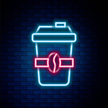 Parlayan neon hatlı kahve fincanı tuğla duvar arkasında izole edilmiş bir ikon haline gelecek. Renkli taslak konsepti. Vektör