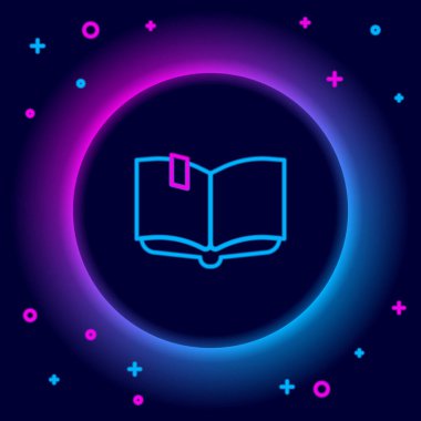 Parlayan neon hattı Açık kitap simgesi siyah arkaplanda izole edildi. Renkli taslak konsepti. Vektör