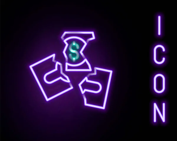 Gloeiende neonlijn Geld uit elkaar scheuren bankbiljet in drie pauzes pictogram geïsoleerd op zwarte achtergrond. Kleurrijk concept. Vector — Stockvector