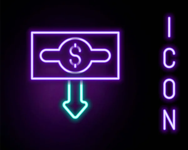 Gloeiende neon lijn Dollar rate daling pictogram geïsoleerd op zwarte achtergrond. Kostenverlaging. Geld symbool met pijl naar beneden. Het aantal verloren zaken neemt af. Kleurrijk concept. Vector — Stockvector