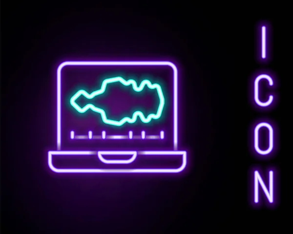 Gloeiende neon lijn Geluids- of audio recorder of editor software op laptop pictogram geïsoleerd op zwarte achtergrond. Kleurrijk concept. Vector — Stockvector