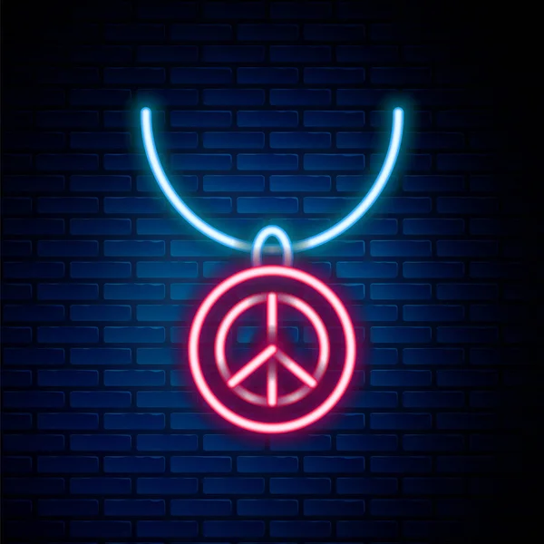 Collier ligne fluo lumineux avec icône symbole de paix isolé sur fond de mur de briques. Symbole hippie de paix. Concept de contour coloré. Vecteur — Image vectorielle