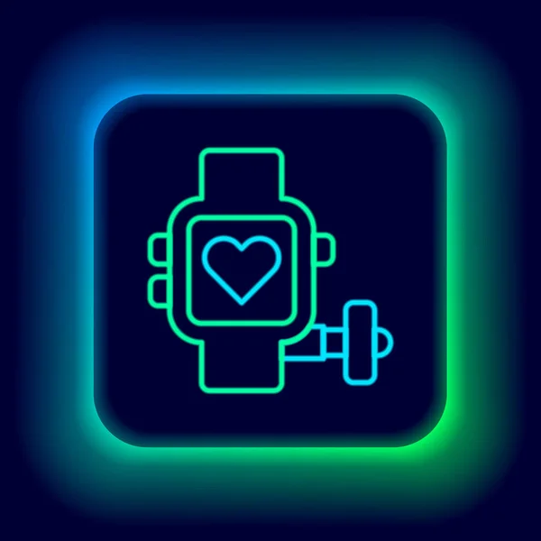 Leuchtende Neon-Line Smart-Uhr, die das Herzschlagsymbol isoliert auf schwarzem Hintergrund zeigt. Fitness App Konzept. Buntes Rahmenkonzept. Vektor — Stockvektor