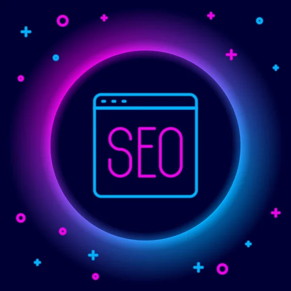 Icono de optimización SEO de línea de neón brillante aislado sobre fondo negro. Concepto de esquema colorido. Vector — Vector de stock