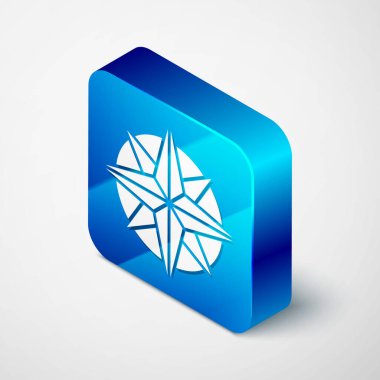 Isometric Rüzgar gül simgesi gri arka planda izole. Seyahat için pusula simgesi. Navigasyon tasarımı. Mavi kare düğme. Vektör İllüstrasyonu