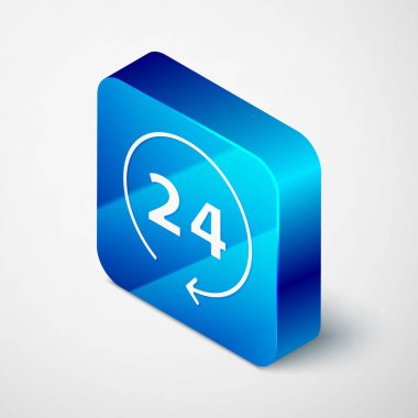 Gri arkaplanda 24 saatlik Isometric Saat simgesi izole edildi. Tüm gün döngü simgesi. 24 saat hizmet sembolü. Mavi kare düğme. Vektör