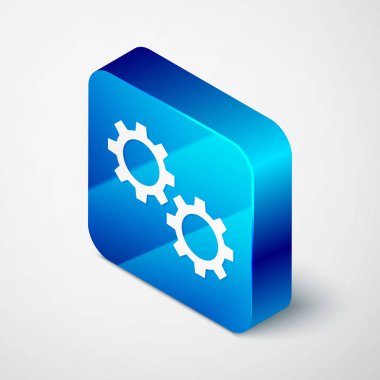 Gri arkaplanda Isometric Gear simgesi izole edildi. Çarklı teçhizat ayarları. İşçi sembolü. Mavi kare düğme. Vektör