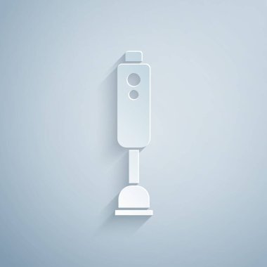 Kağıt kesiği simgesi gri arkaplanda izole edildi. Mutfak elektrikli kırıcı ve kase. Meyve suyu, kokteyl ya da meyve suyu. Kağıt sanatı tarzı. Vektör