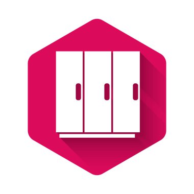 Beyaz Gardırop ikonu uzun gölgeli izole edilmiş. Pembe altıgen düğmesi. Vektör