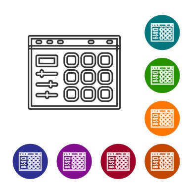 Siyah çizgi davul makinesi simgesi beyaz arkaplanda izole edildi. Müzik aletleri. Simgeleri renk daire düğmelerine ayarla. Vektör