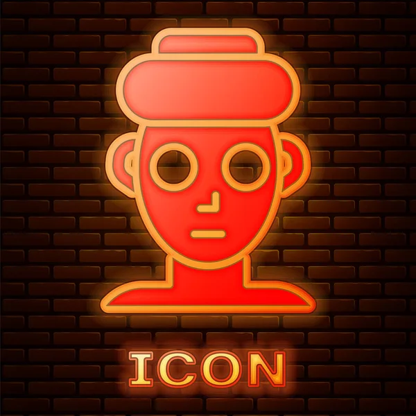 Glödande neon Ansiktskosmetisk mask ikon isolerad på tegelvägg bakgrund. Kosmetologi, medicin och hälsovård. Vektor — Stock vektor