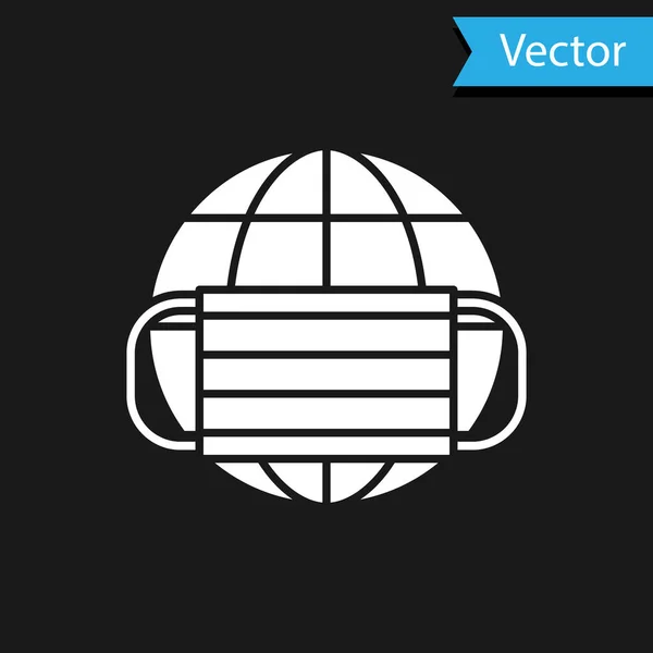 Globo de la Tierra Blanca con icono de máscara médica aislado sobre fondo negro. Vector . — Vector de stock