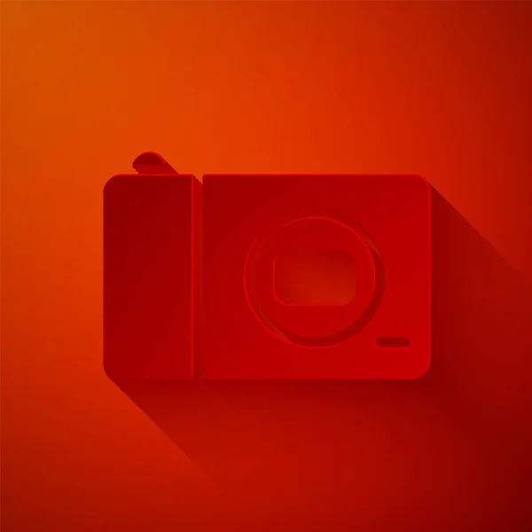 Paper cut Photo camera icon isolated on red background. Foto camera icon. Paper art style. Vector — Stock Vector