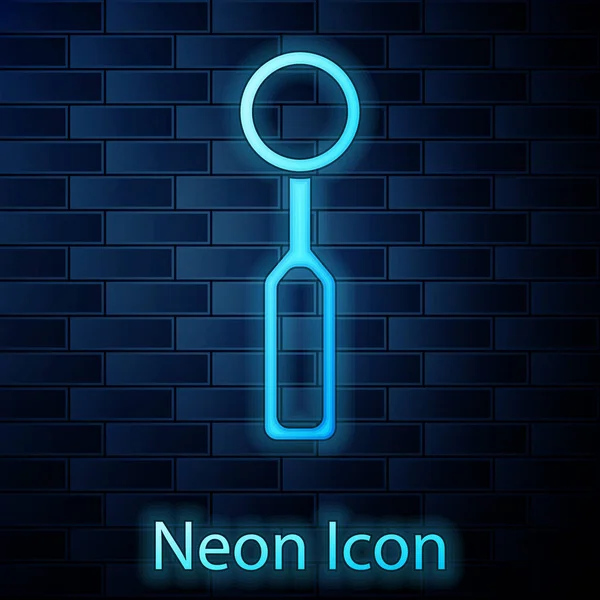 Glödande neon Tandkontroll spegel ikon isolerad på tegel vägg bakgrund. Verktygstandläkarkontroll. Vektor — Stock vektor