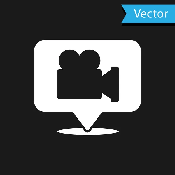 Icono de cámara blanca y pin de ubicación aislado sobre fondo negro. Vector — Vector de stock