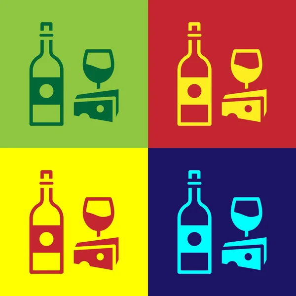 Pop art Bouteille de vin avec icône en verre et fromage isolé sur fond de couleur. Dîner romantique. Vecteur — Image vectorielle