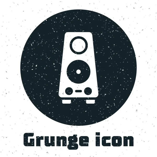 Grunge Stereo音箱图标在白色背景上隔离。音响系统扬声器音乐图标。音乐柱扬声器低音设备.单色复古绘画。B.病媒 — 图库矢量图片