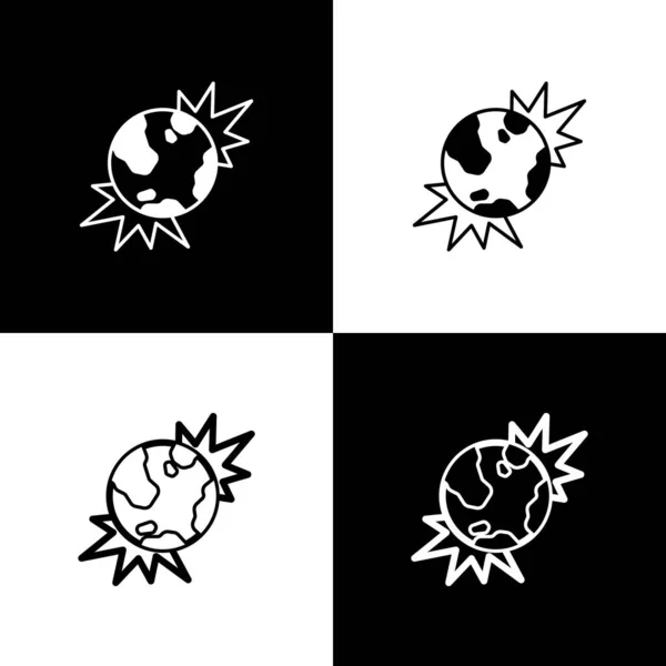 Set Bomb explosive planet earth war danger icon isolated on black and white background. Vector — Stock Vector