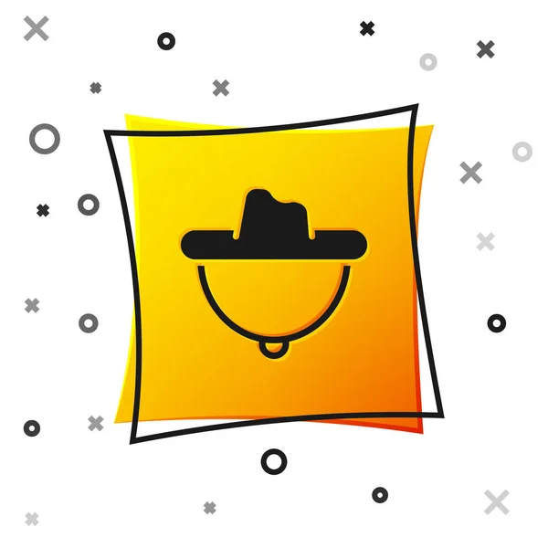 Ícone de chapéu cowboy ocidental preto isolado no fundo branco. Botão quadrado amarelo. Vetor —  Vetores de Stock
