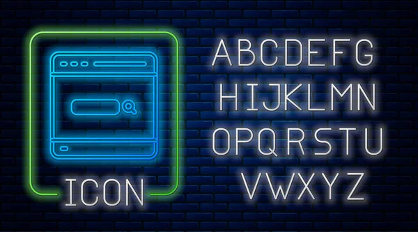 Brilhante neon ícone do motor de busca isolado no fundo da parede de tijolo. Alfabeto claro de néon. Vetor — Vetor de Stock