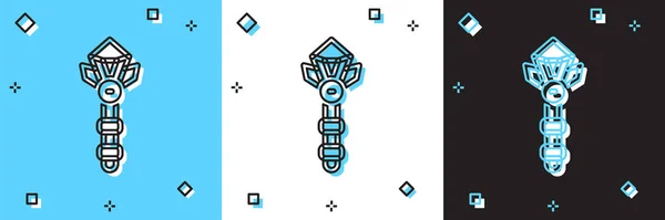 Gereedschap Toverstok pictogram geïsoleerd op blauwe en witte, zwarte achtergrond. Ster vorm magische accessoire. Magische kracht. Vector — Stockvector