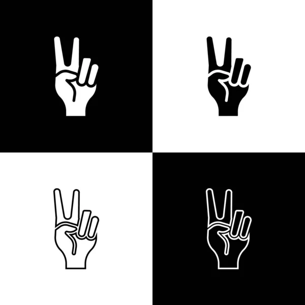 Set Mano que muestra el icono de dos dedos aislado sobre fondo blanco y negro. Mano gesto V signo de victoria o paz. Vector — Archivo Imágenes Vectoriales