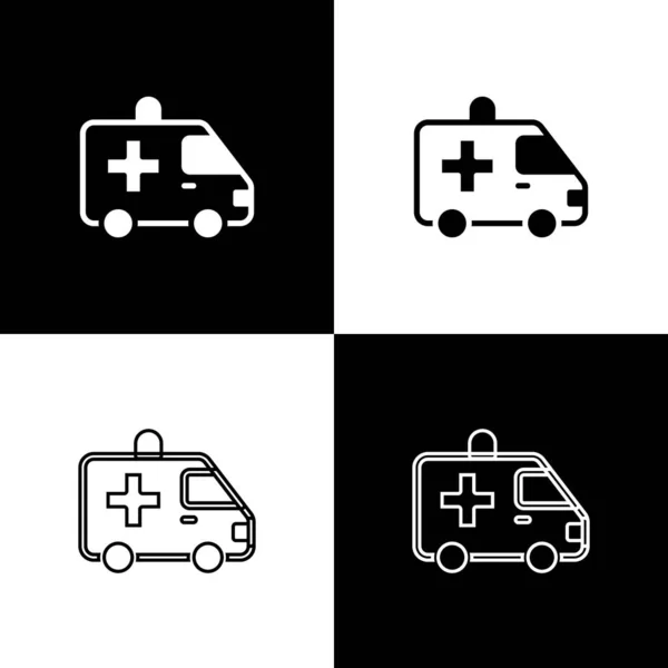 Réglez Ambulance et icône de voiture de secours isolé sur fond noir et blanc. Évacuation médicale du véhicule ambulancier. Vecteur — Image vectorielle
