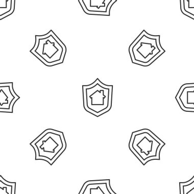 Beyaz arka planda, Gri Çizgili Ev ve kalkan ikonu izole edilmiş kusursuz desen. Sigorta konsepti. Güvenlik, güvenlik, koruma, konsept koruma. Vektör.