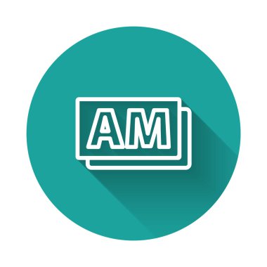 Beyaz çizgi AM simgesi uzun gölgeli izole edildi. Zaman sembolü. Yeşil daire düğmesi. Vektör