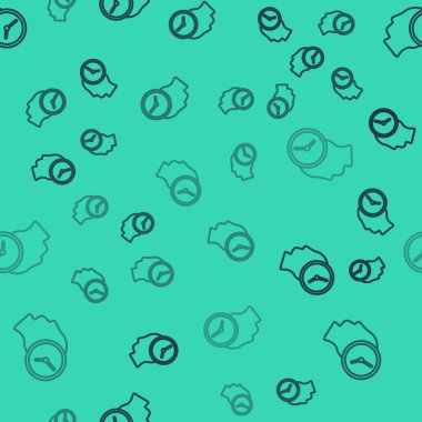 Siyah çizgi Zaman Yönetimi simgesi yeşil arkaplanda pürüzsüz desen izole etti. Saat ve vites tabelası. Üretkenlik sembolü. Vektör