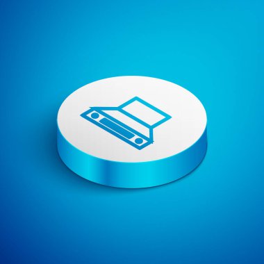 Isometric Line Kitchen ekstraktör fan simgesi mavi arkaplanda izole edildi. Mutfak kaputu. Mutfak egzozu. Ev aletleri. Beyaz daire düğmesi. Vektör